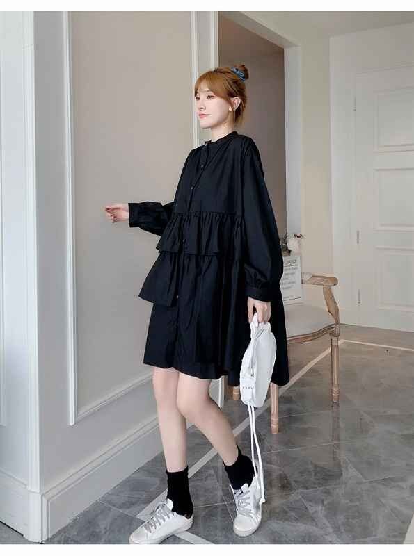  длинный рукав One-piece оборка minivan pi casual симпатичный [ большой размер есть ] 3XL черный 