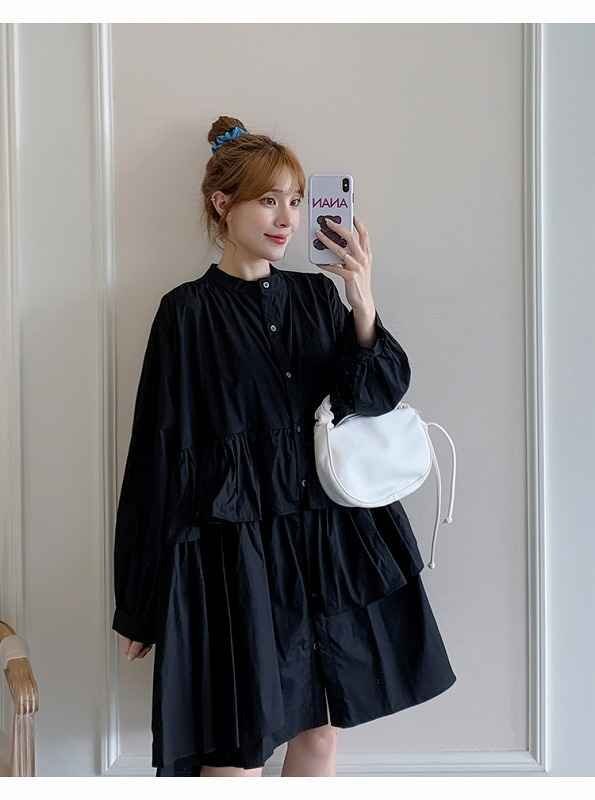  длинный рукав One-piece оборка minivan pi casual симпатичный [ большой размер есть ] 3XL черный 