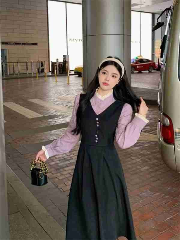 M～5L 大きいサイズ 可愛いハート模様ボタン バイカラー異素材切替重ね著風(fēng)ワンピース L ブラック
