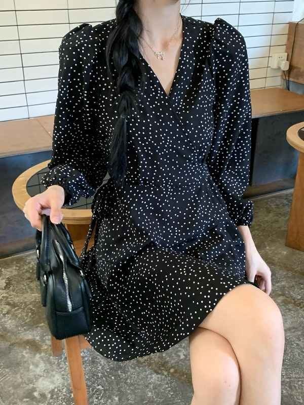  длинный рукав One-piece объем рукав оборка minivan pi casual точка рисунок полька-дот узор простой [ большой размер есть ] 4XL черный 