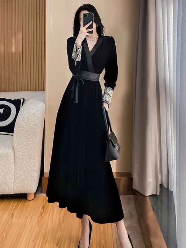  длинный рукав One-piece оборка платье одноцветный простой красивый . casual осень-зима XL черный 
