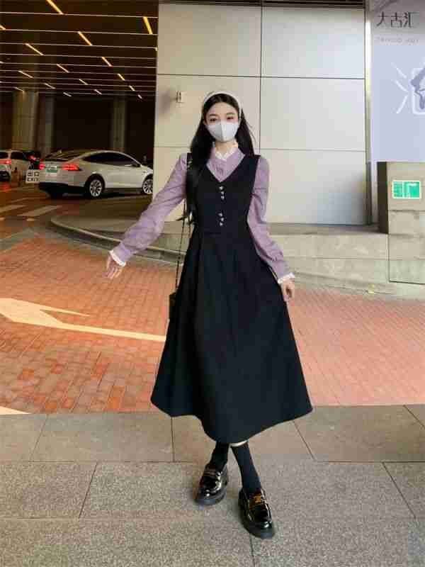 M～5L 大きいサイズ 可愛いハート模様ボタン バイカラー異素材切替重ね著風(fēng)ワンピース L ブラック