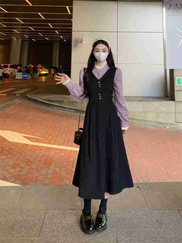 M～5L 大きいサイズ 可愛いハート模様ボタン バイカラー異素材切替重ね著風(fēng)ワンピース L ブラック