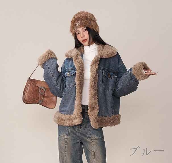 Gジャン ジーンズ ジージャン 長袖ジャケット アウター カジュアル デニム かわいい 秋冬 もこもこ L ブルー