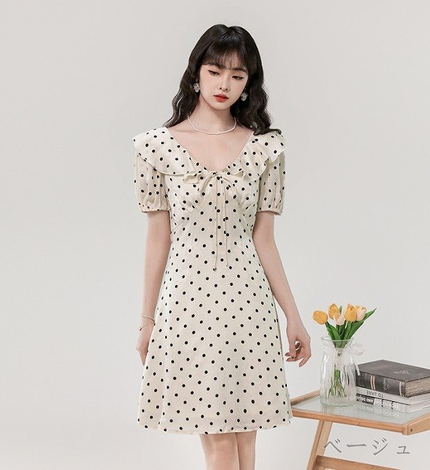  Mini One-piece Short One-piece короткий рукав оборка лента точка рисунок простой casual женский 2XL бежевый 