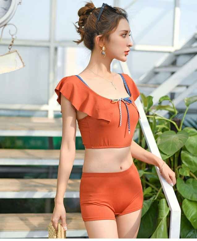 夏新作 體型カバー 3點(diǎn)セット ビキニ 水著 タンキニ 溫泉 ビーチ 幾何學(xué)柄 XL オレンジ
