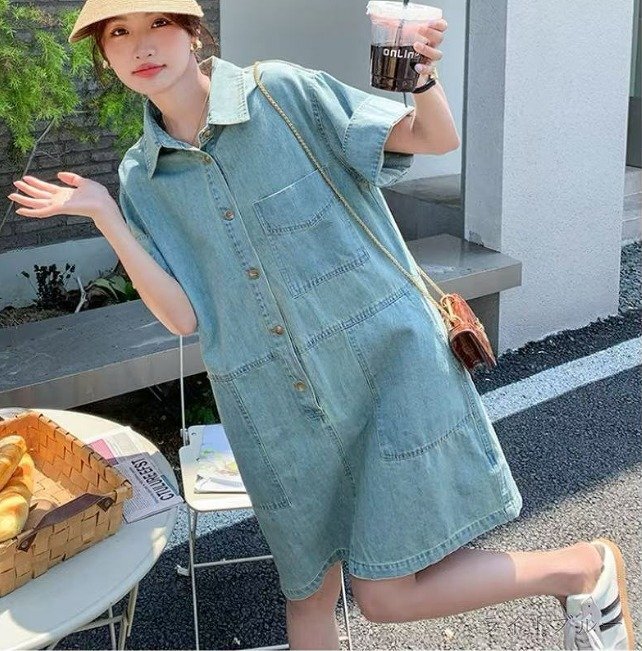デニムワンピース ミニワンピース ショートワンピース 半袖 シンプル カジュアル レディース L ライトブルー
