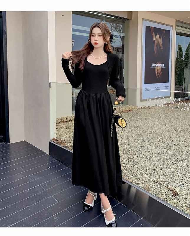 長袖ワンピース フリル ロングワンピ カジュアル 無地 シンプル 秋冬【大きいサイズあり】 M ブラック