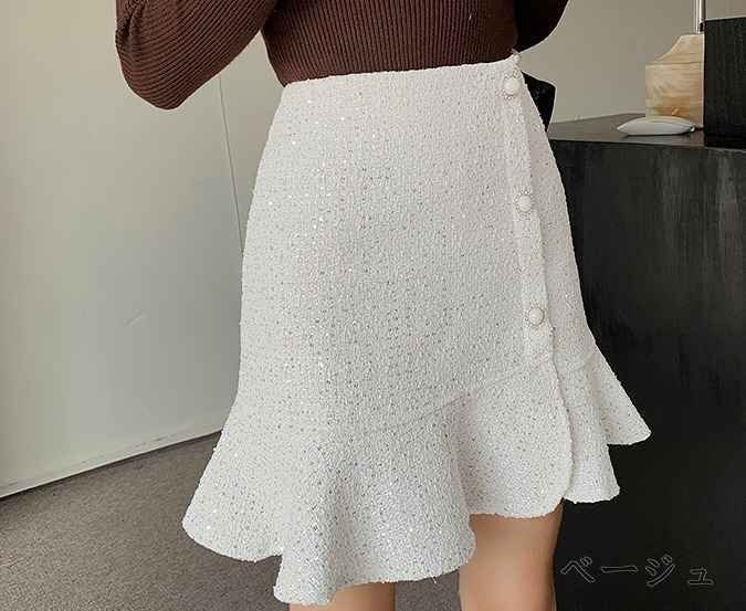 ミニスカート タイトスカート フリルスカート かわいい ボトムス カジュアル 秋冬 XL ベージュ