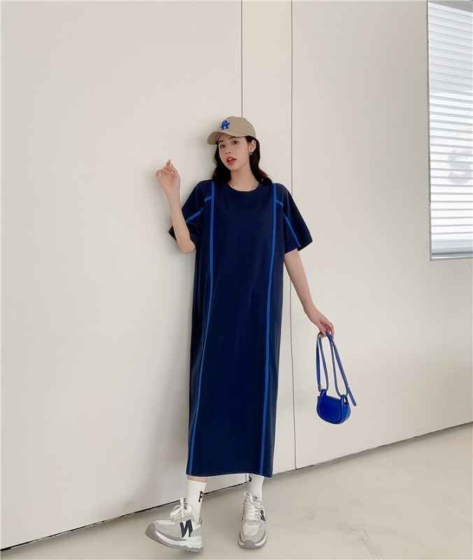 半袖ワンピース ロングワンピ ゆったり カジュアル 【大きいサイズあり】 XL ブルー