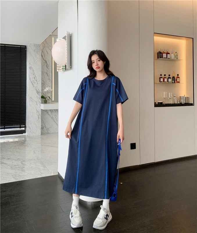 半袖ワンピース ロングワンピ ゆったり カジュアル 【大きいサイズあり】 XL ブルー