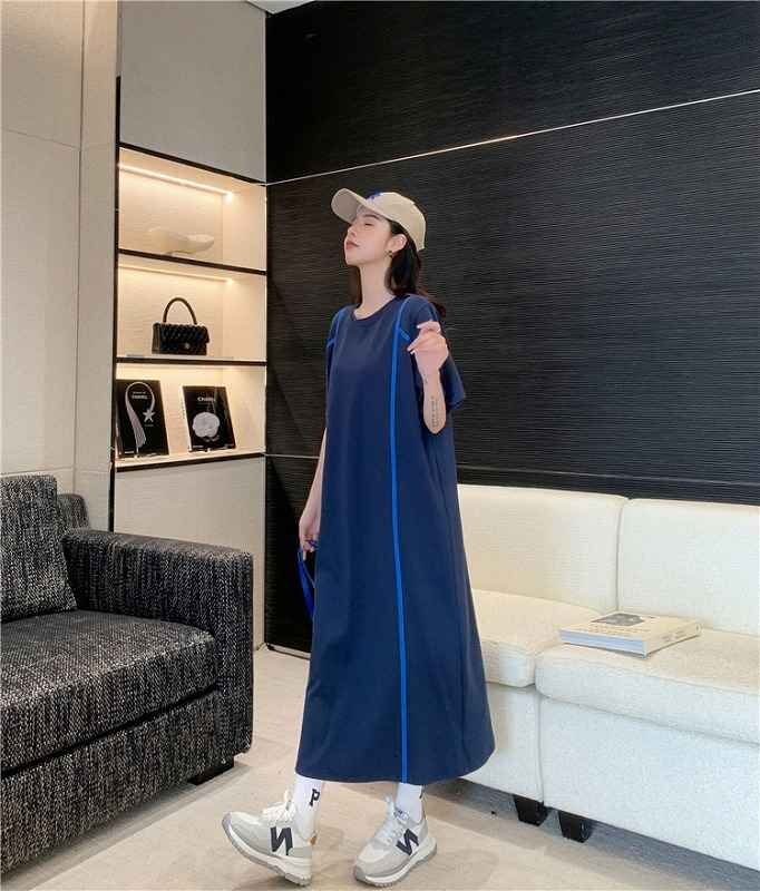 半袖ワンピース ロングワンピ ゆったり カジュアル 【大きいサイズあり】 XL ブルー