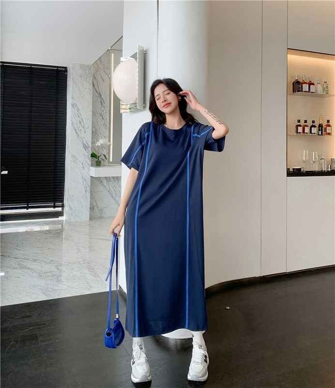 半袖ワンピース ロングワンピ ゆったり カジュアル 【大きいサイズあり】 XL ブルー