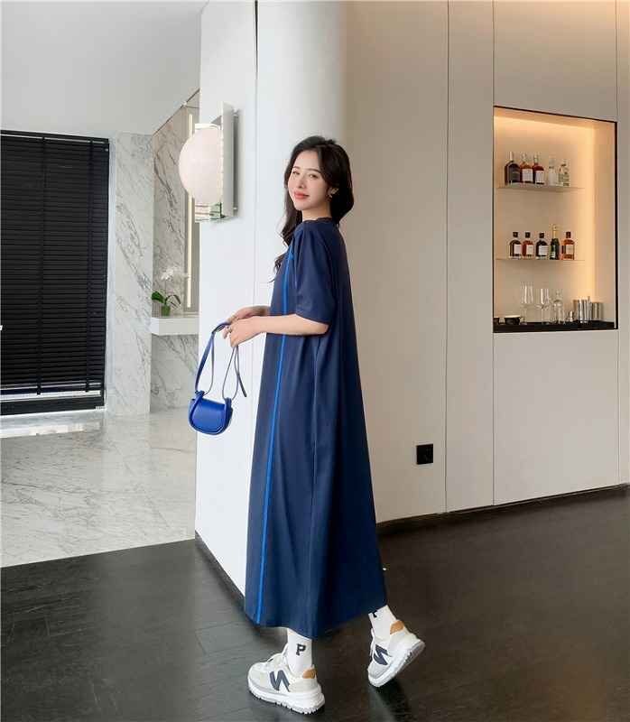 半袖ワンピース ロングワンピ ゆったり カジュアル 【大きいサイズあり】 XL ブルー