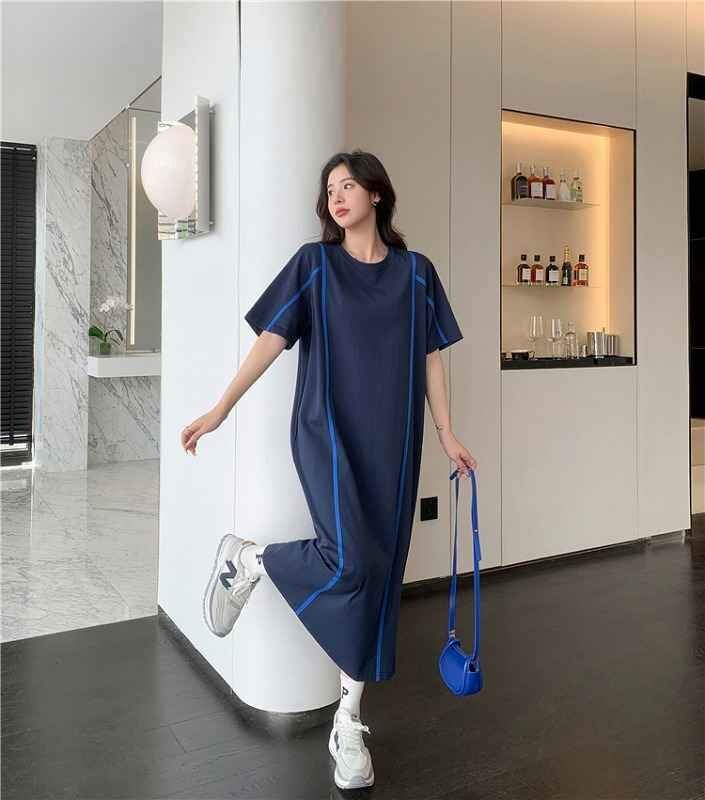 半袖ワンピース ロングワンピ ゆったり カジュアル 【大きいサイズあり】 XL ブルー
