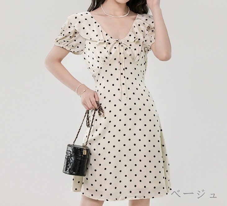  Mini One-piece Short One-piece короткий рукав оборка лента точка рисунок простой casual женский 2XL бежевый 