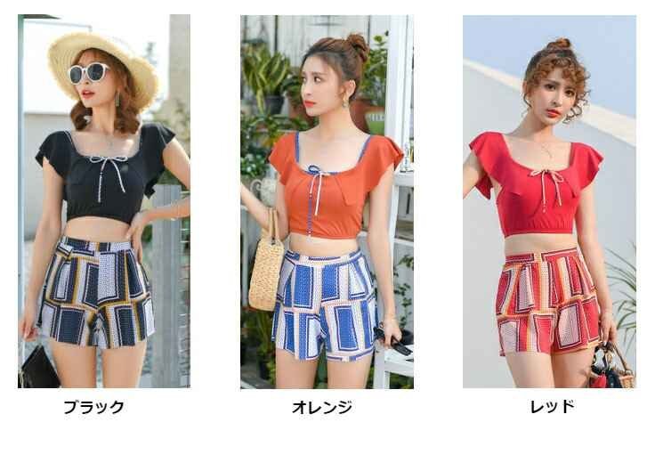 夏新作 體型カバー 3點(diǎn)セット ビキニ 水著 タンキニ 溫泉 ビーチ 幾何學(xué)柄 XL オレンジ