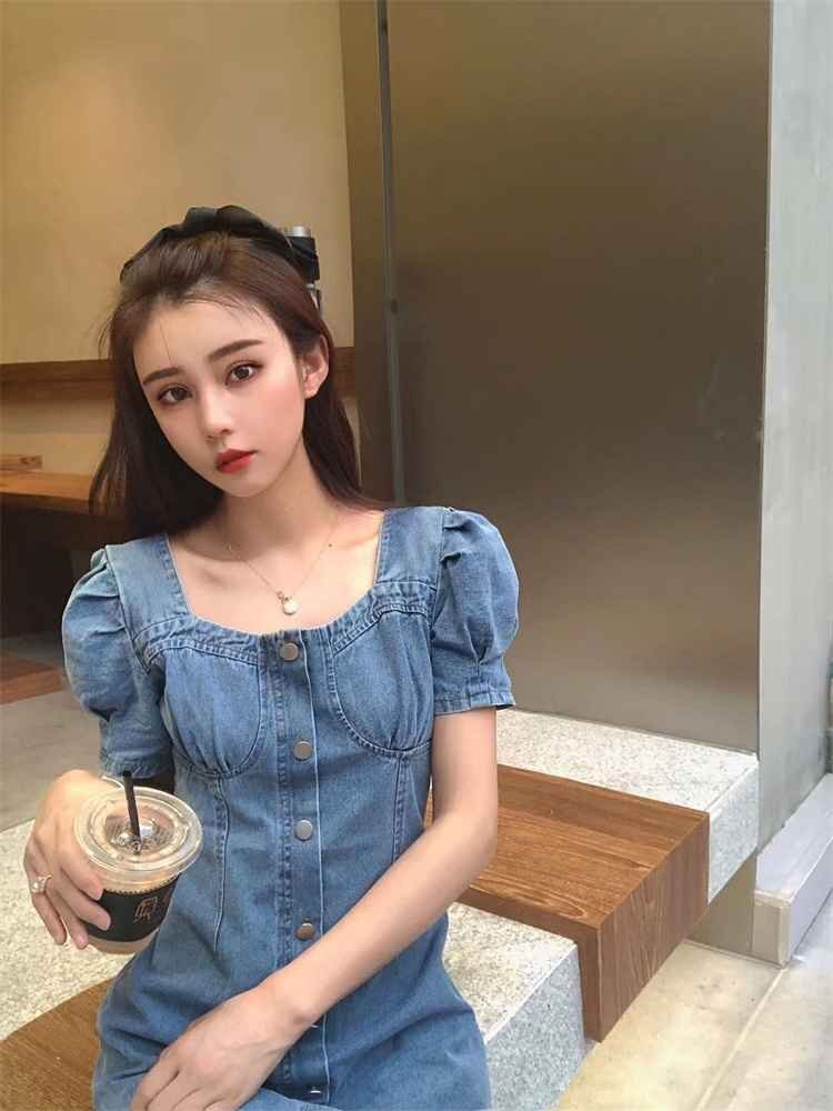  большой размер пуховка рукав мини-юбка тонкий Denim короткий рукав minivan pi One-piece 3XL голубой 