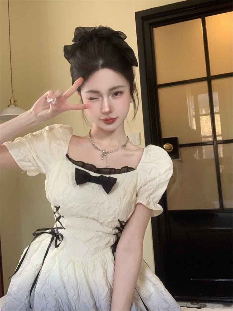 プリンセススカート 可愛い ミニワンピース スリム グラデーション パフスリーブ コスプレ L ピンク