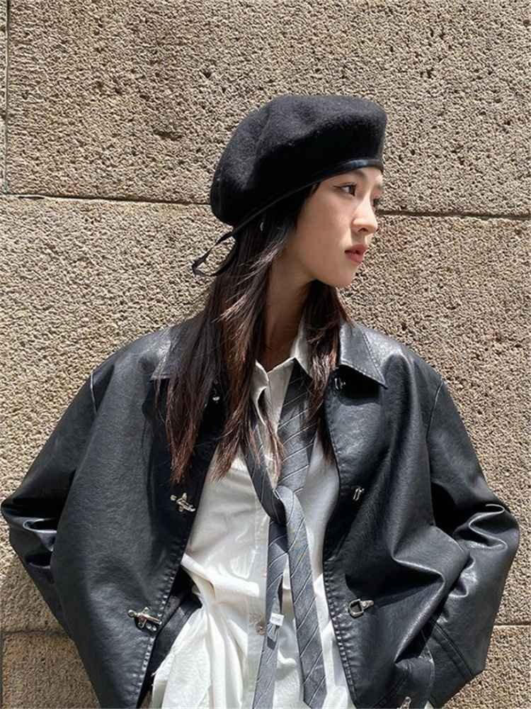 クール系 レトロ 原宿風(fēng) PUレザー ジャケット コート XS ブラック