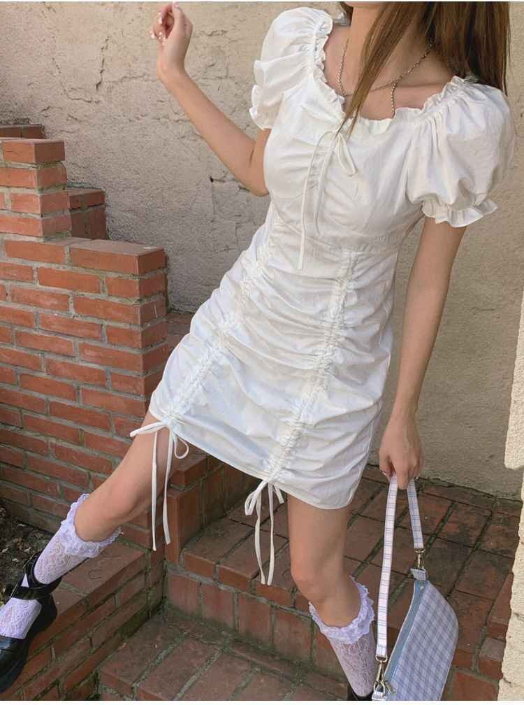 かわいい系 ショート丈 パフスリーブ ワンピース 半袖 ミニ丈 L ホワイト