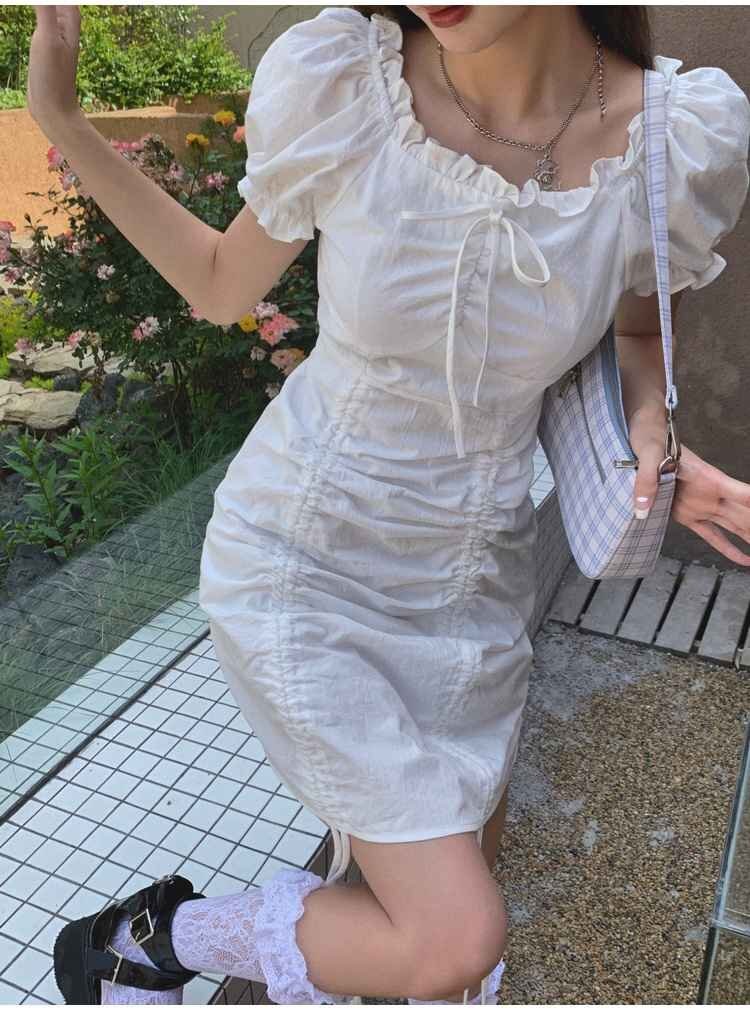 かわいい系 ショート丈 パフスリーブ ワンピース 半袖 ミニ丈 L ホワイト