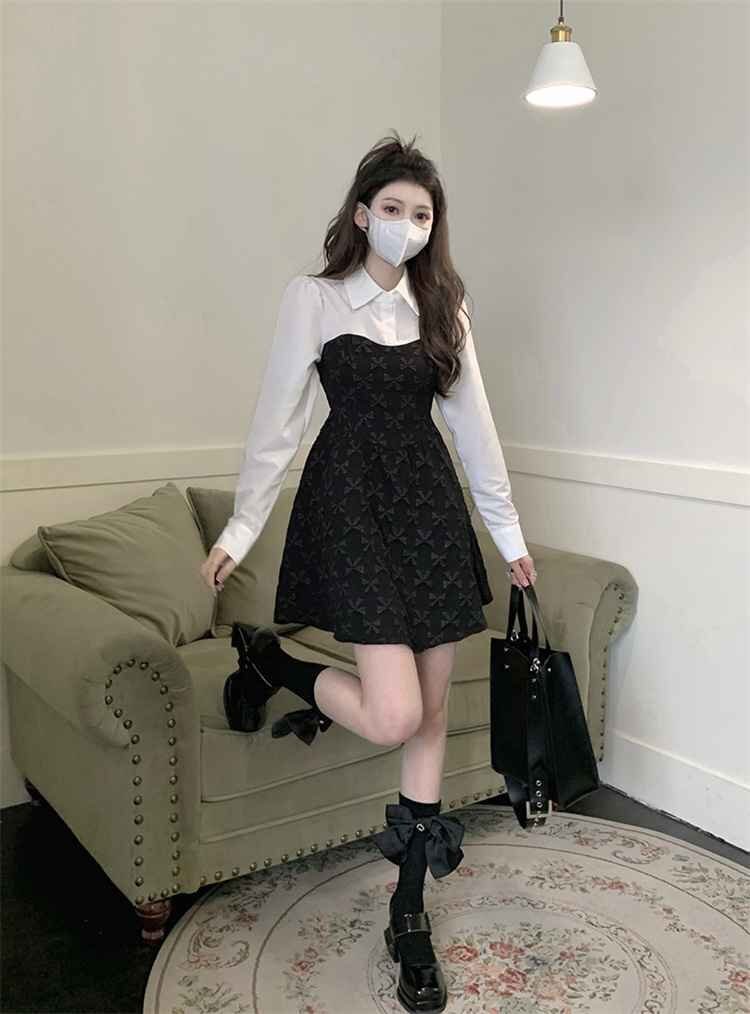 長袖 縫い付け生地 大人気 新品 Aライン ミニスカート ワンピース L ワンカラー
