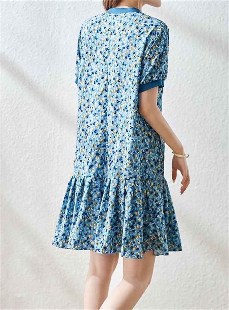 M~4XL 大きいサイズ 花柄 ミニスカート シフォン 半袖 ワンピース 大人気 L ブルー