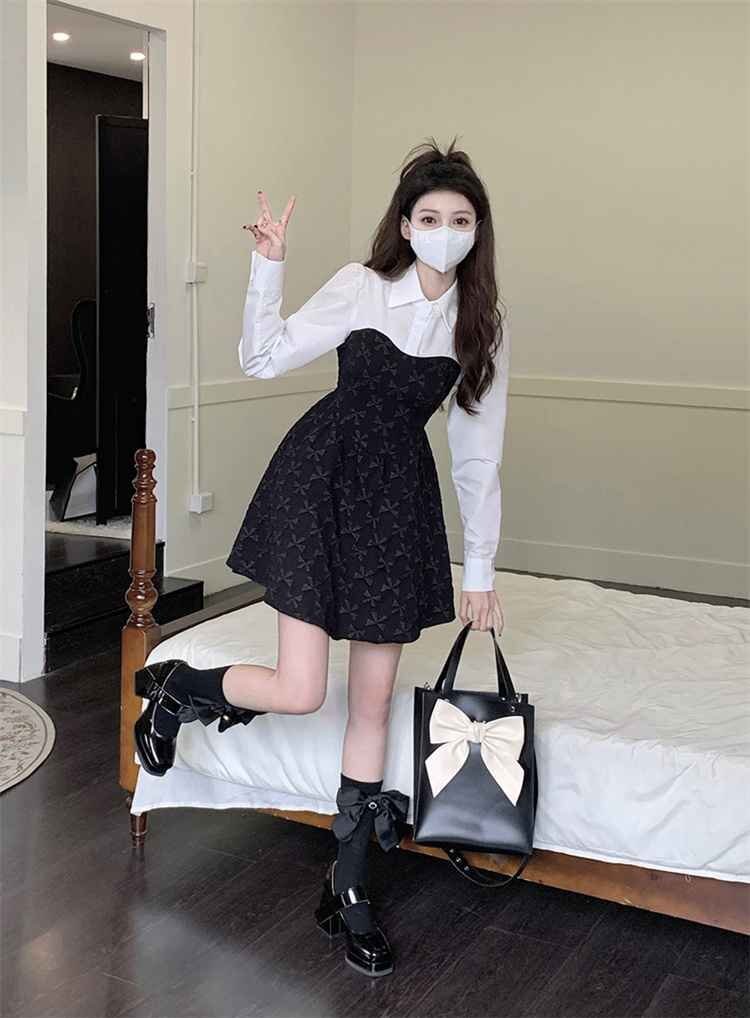 長袖 縫い付け生地 大人気 新品 Aライン ミニスカート ワンピース L ワンカラー