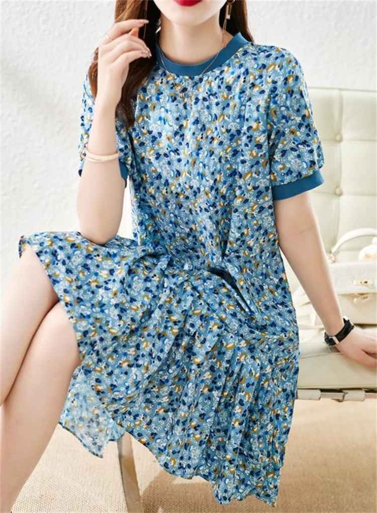 M~4XL 大きいサイズ 花柄 ミニスカート シフォン 半袖 ワンピース 大人気 L ブルー