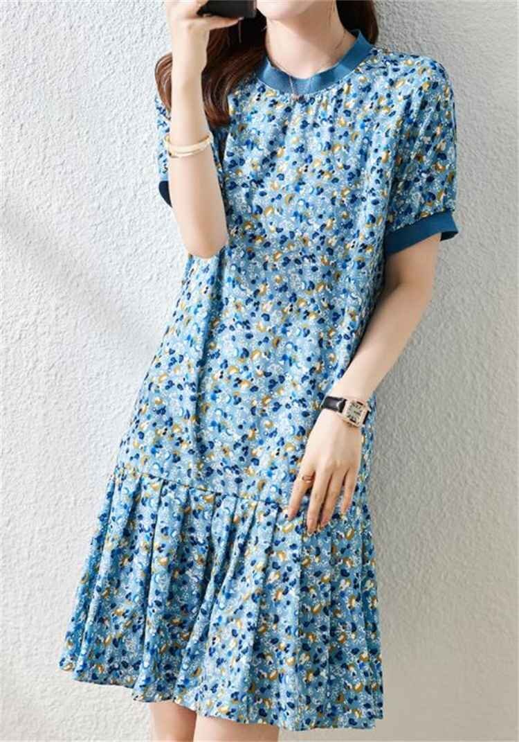 M~4XL 大きいサイズ 花柄 ミニスカート シフォン 半袖 ワンピース 大人気 L ブルー