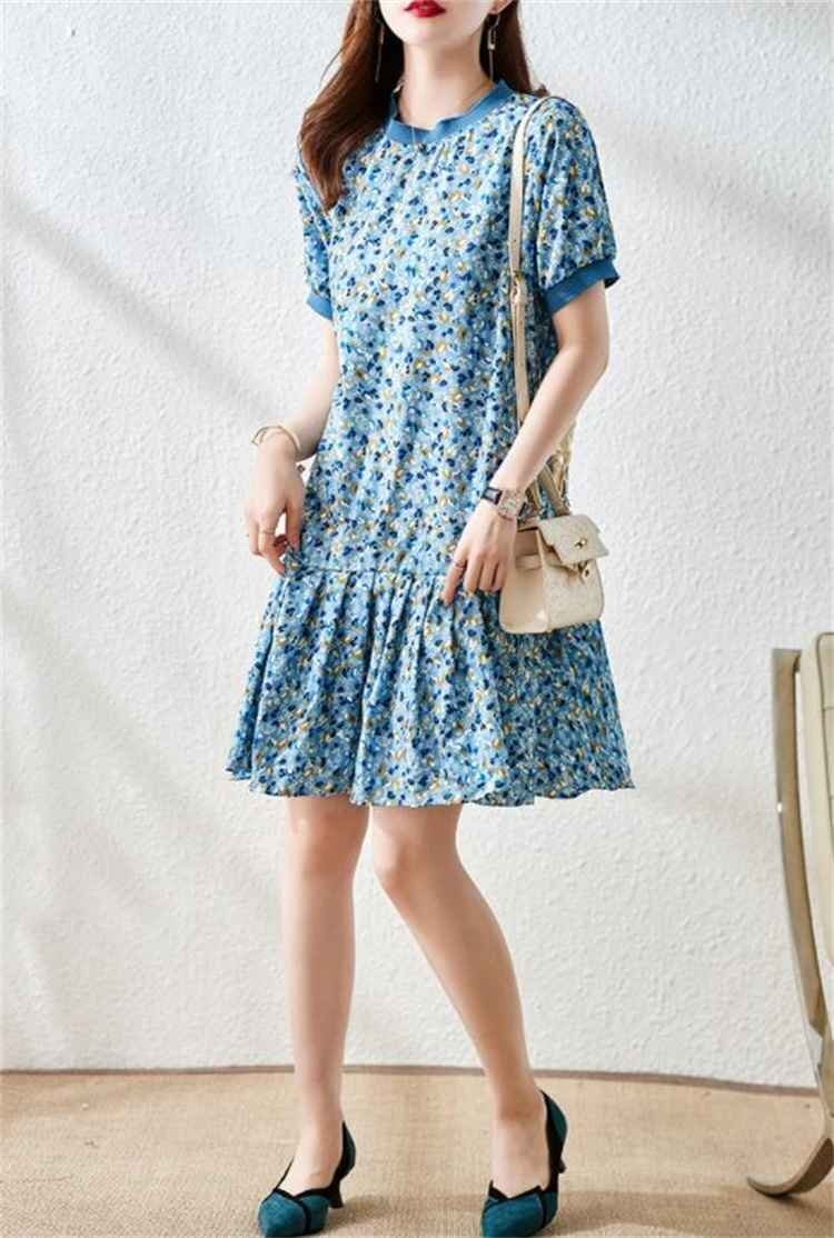M~4XL 大きいサイズ 花柄 ミニスカート シフォン 半袖 ワンピース 大人気 L ブルー