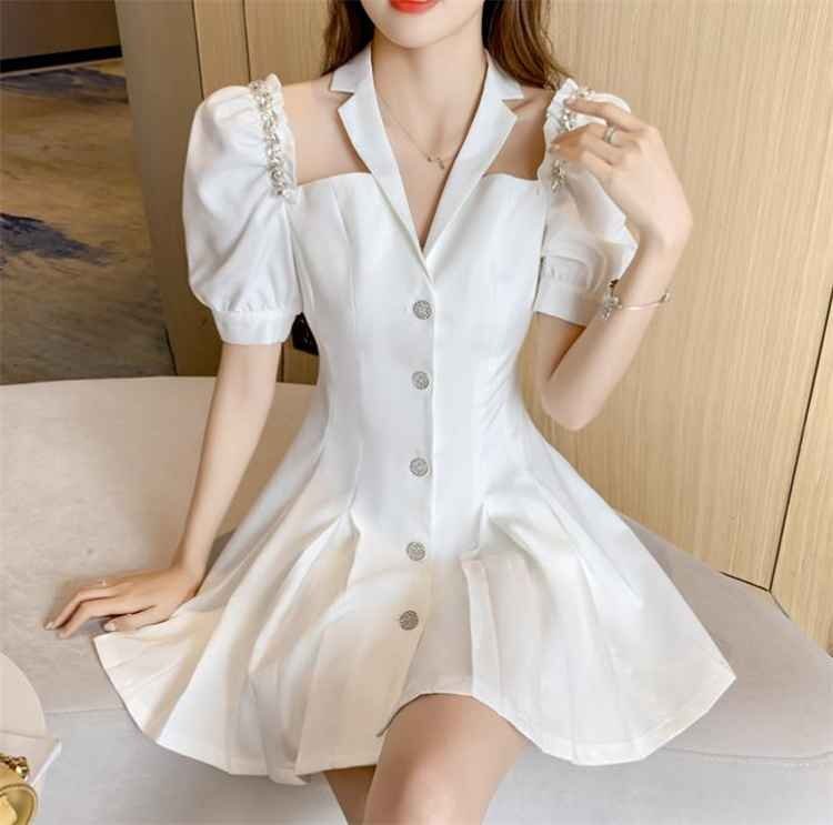 ミニスカート シンプル オフショルダー パフスリーブ スーツ 半袖 ミニワンピ L グレー