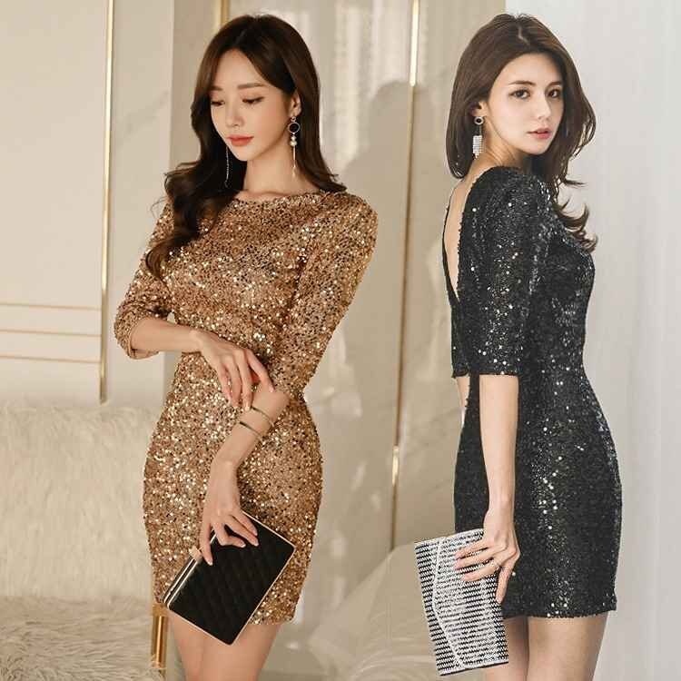 . минут рукав One-piece minivan pi задний открытый Cabaret Club платье sexy платье блестящий XL Gold 