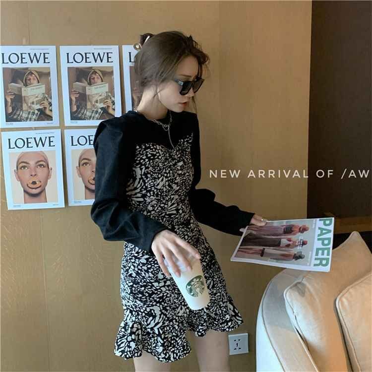 ミニスカート シフォン スリム ヒョウ柄 ワンピース 長(zhǎng)袖 L ワンカラー
