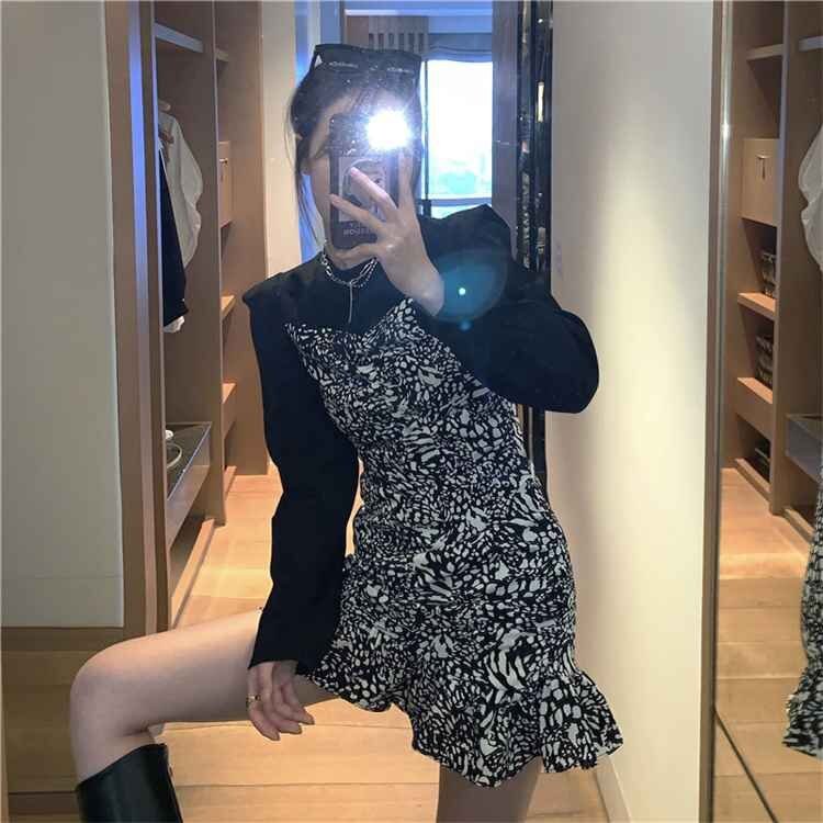 ミニスカート シフォン スリム ヒョウ柄 ワンピース 長(zhǎng)袖 L ワンカラー