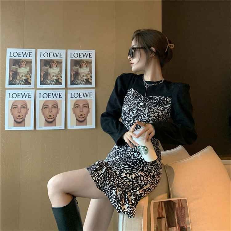 ミニスカート シフォン スリム ヒョウ柄 ワンピース 長(zhǎng)袖 L ワンカラー