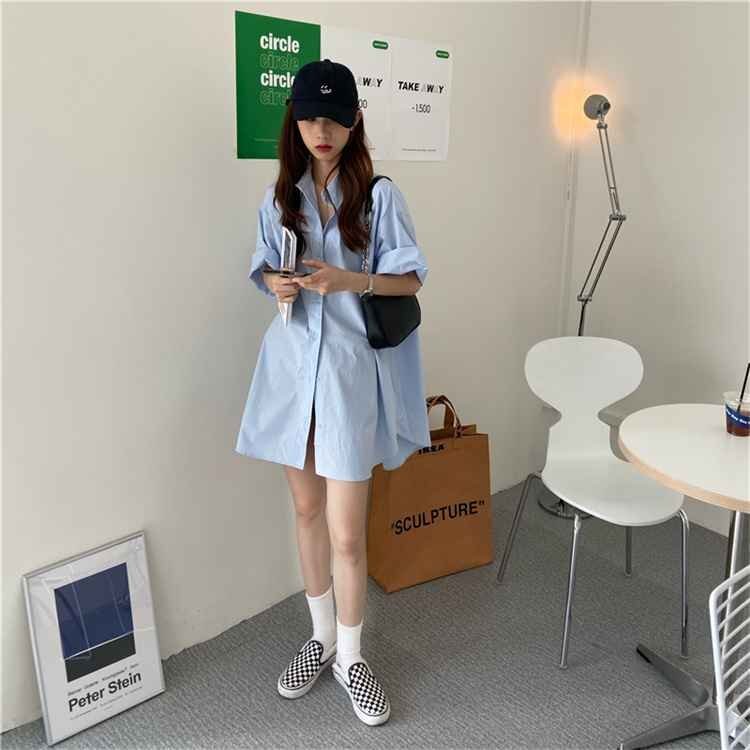 大きいサイズ ミニワンピ シャツワンピ 薄手 ゆったり L ブルー
