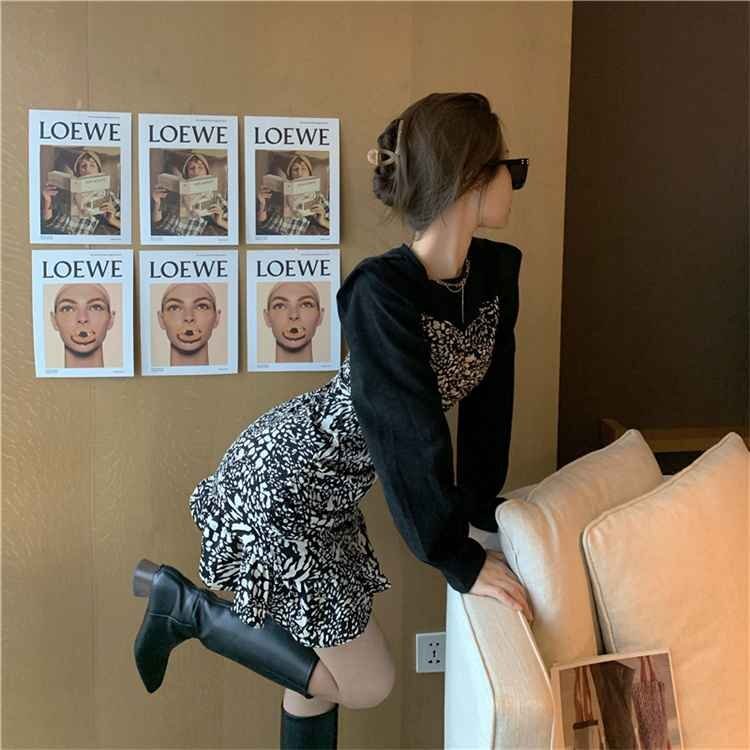 ミニスカート シフォン スリム ヒョウ柄 ワンピース 長(zhǎng)袖 L ワンカラー