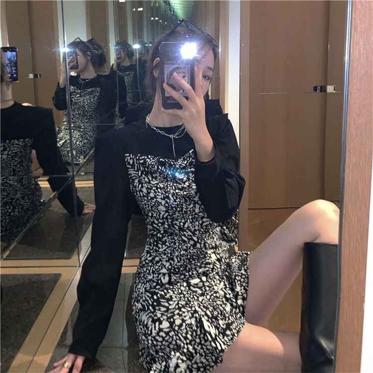 ミニスカート シフォン スリム ヒョウ柄 ワンピース 長(zhǎng)袖 L ワンカラー