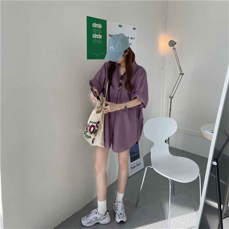 大きいサイズ ミニワンピ シャツワンピ 薄手 ゆったり L ブルー