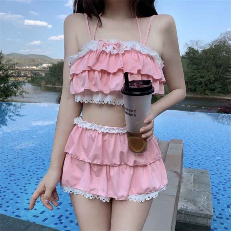 セット 水著 お出かけ かわいい系 ベアトップ ビーチワンピース S ピンク