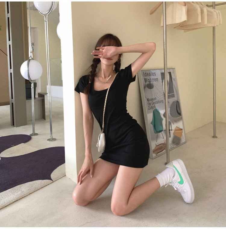 ビッグUネック 半袖 ワンピース ミニ丈ワンピ セクシー L ダークグレー