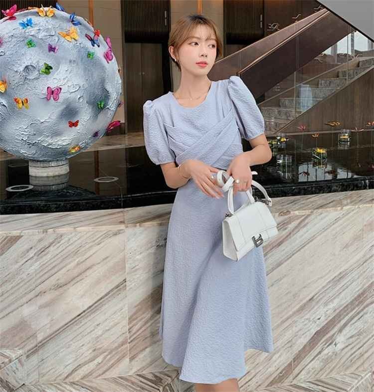 エレガント ラウンドネック パフスリーブ ワンピース 半袖 かわいい系 L ホワイト