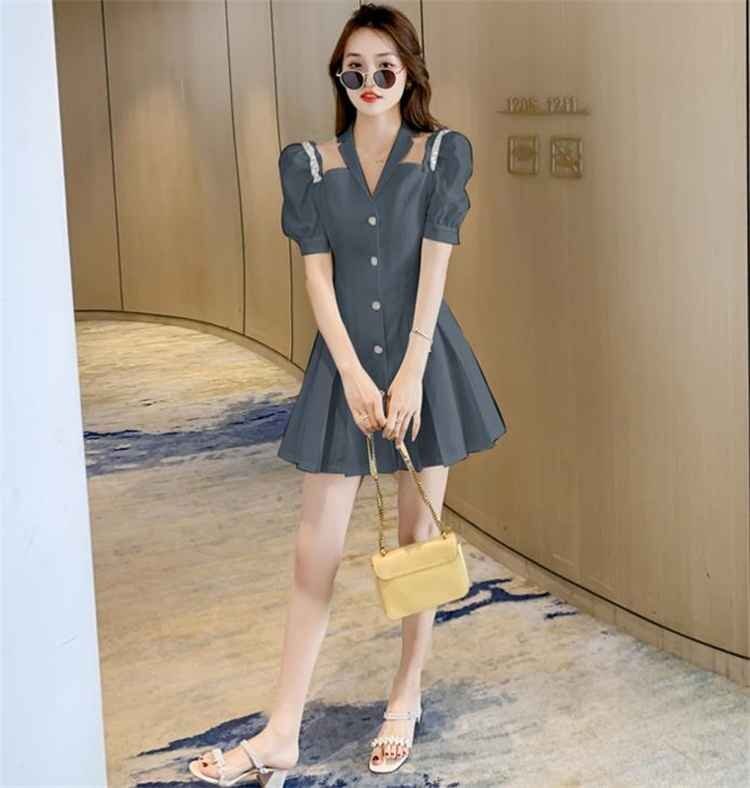 ミニスカート シンプル オフショルダー パフスリーブ スーツ 半袖 ミニワンピ L グレー