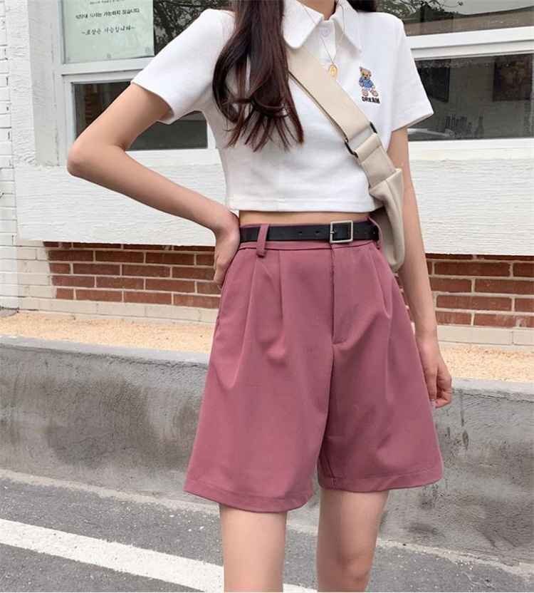 レディース ゆったり ハイウエスト スーツ ショートパンツ シンプル カジュアル XL ピンク