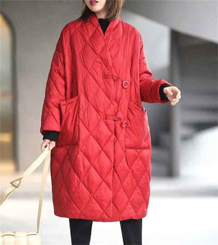 ダウンジャケット コート ピュアカラー Vネック ひし形 2XL カーキ
