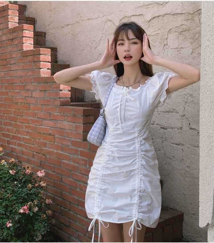 かわいい系 ショート丈 パフスリーブ ワンピース 半袖 ミニ丈 L ホワイト