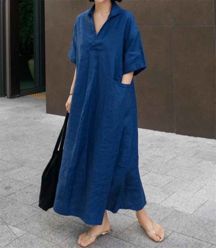 ワンピース 半袖 Vネック リネン スプリット カジュアル ゆったり シャツワンピ L ブラウン