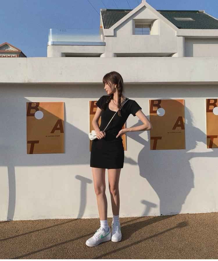 ビッグUネック 半袖 ワンピース ミニ丈ワンピ セクシー L ダークグレー